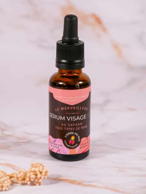 sérum visage au safran bio illumine, lisse et unifie le teint, bonne mine, coup d'éclat, anti imperfections, ante âge, anti acné