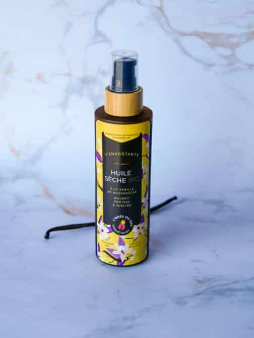 huile sèche bio vanille Madagascar répare, protège, après-soleil, anti vergetures, hydrate et nourrit la peau sans laisser de film gras