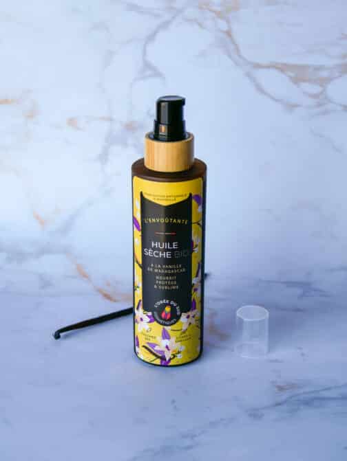 huile sèche bio vanille Madagascar répare, protège, après-soleil, anti vergetures, hydrate et nourrit la peau sans laisser de film gras