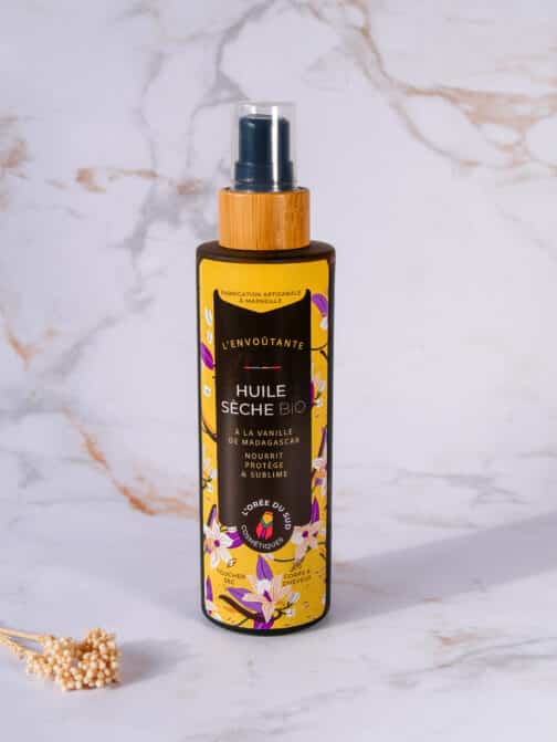 huile sèche bio vanille Madagascar répare, protège, après-soleil, anti vergetures, hydrate et nourrit la peau sans laisser de film gras